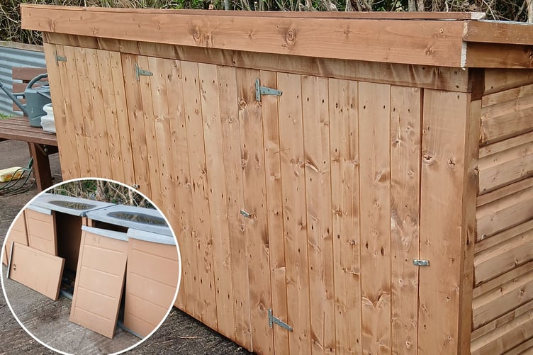 New lockable, sustainably sourced storage cupboards at Watton Allotments, replacing the old rickety plastic units (inset)