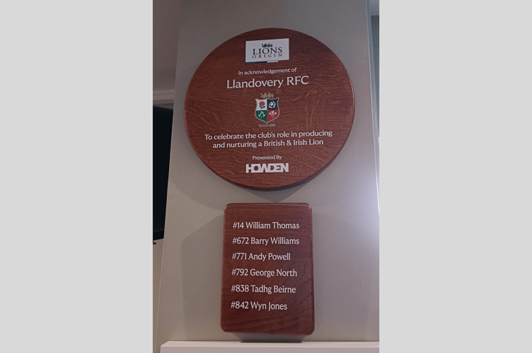 The plaque commemorating Llandovery RFC's status as a Lions Origin Club, displayed in the Church Bank clubhouse, honours the former players who have represented the British and Irish Lions