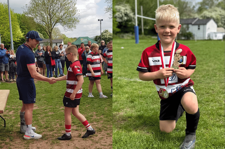 Left is former Brecon mini and junior player, Jacob Beetham of Cardiff Rugby, presenting the under-12 Player of the Festival award to Elis Jones. Right is under-7 Player of the Festival winner Zac Davies-Bowen