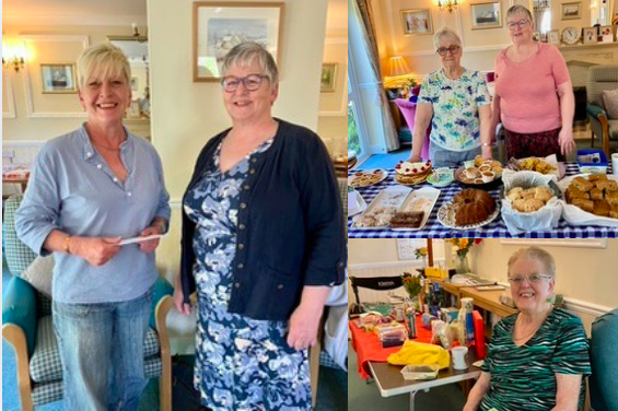 Left is Lisa Marsh, manager of Brecon Dial-a-Ride, receiving a £500 cheque from Gwenllian Morgan Court chair Alison following the residents’ successful charity coffee morning. Above right is Maggie and Alison at the cake table. Below right is Anita at the raffle table