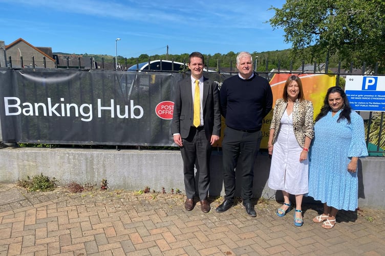 Left to right: David Chadwick MP, Nick from the banking hub, Jane Dodds MS and Ams from The Old Temp Fish Bar outside the banking hub