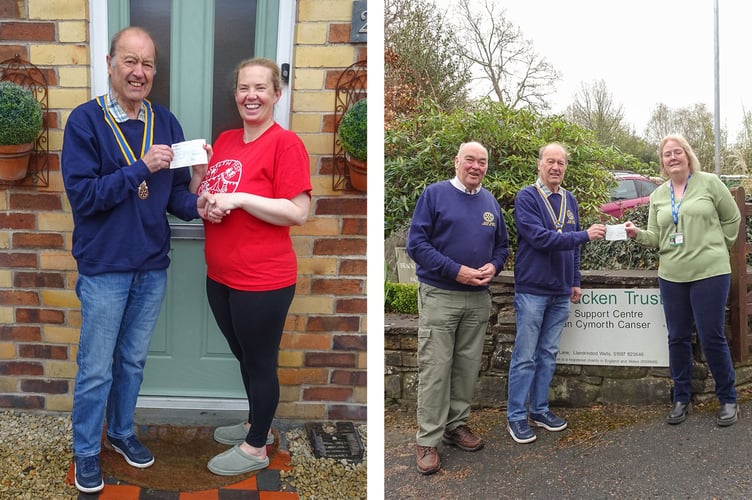 Rachael Hughes (left) receives a £500 cheque from Rotary Club President Rob Evans to support Builth Fest’s Summer Carnival. Lisa Griffiths (right), CEO of The Bracken Trust Cancer Charity, accepts a £500 donation from the Rotary Club.