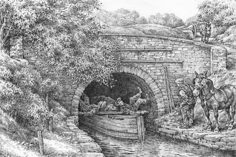 A boat being legged out of Ashford Tunnel south portal