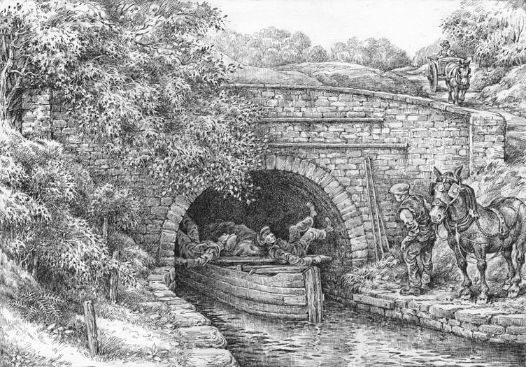 A boat being legged out of Ashford Tunnel south portal