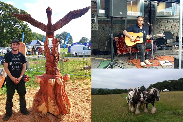 Left is Kaspian's Carvings. Right is musician Marc Harpham and Carnog Horses