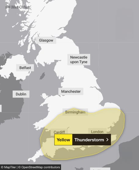The Met Office has forecast a yellow weather warning with thunderstorms for parts of the UK, with Powys to face the brunt of it.