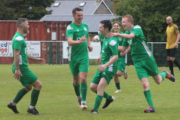Hay St Mary’s players celebrate Tom Gardner’s stunning strike, which flew in off the underside of the crossbar to briefly cut the deficit