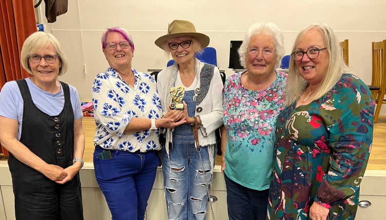 Lyn Davies, with Ann Lloyd, Federation Chair, presenting the award to Yvonne Glover-West, Barbara Waller and Ruth Crabb. They will now go forward to the Inter Federation Quiz being held in Llandeillo on July 4