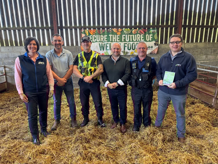 Abi Reader, NFU Cymru Deputy President, Garry Williams, NFU Cymru Rural Crime Lead, PC Ashleigh Jones, Dyfed-Powys Police & Crime Commissioner Dafydd Llywelyn, PCSO Billy Dunne, Hefin Jones, NFU Cymru Carmarthenshire County Chairman
