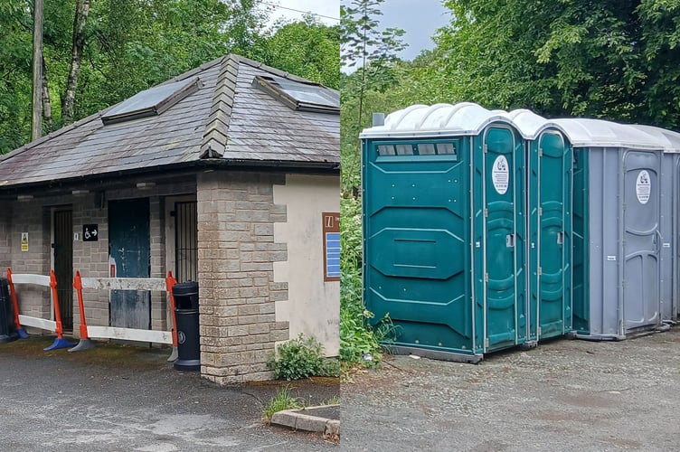 The permanent toilet block at Llananno remains closed due to sewage system issues, with temporary portable toilets in place for public use