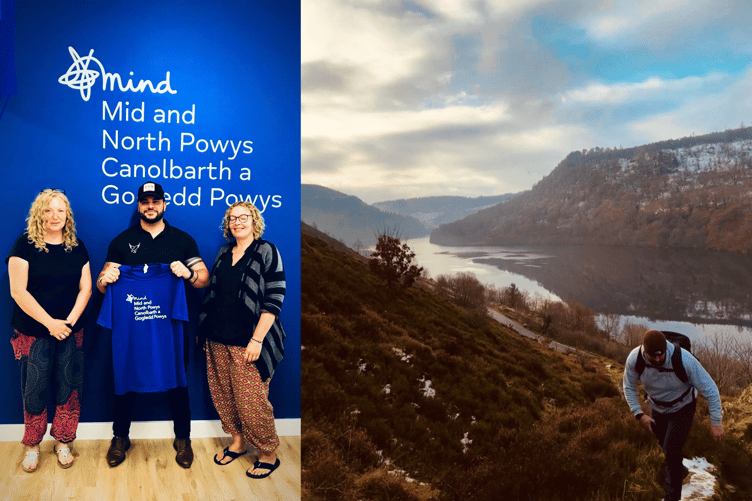 Left is Mary Griffiths and Jo Lewis, Mid & North Powys Mind Development Managers / Co-CEOs with Toby Weale. Right is Toby hiking