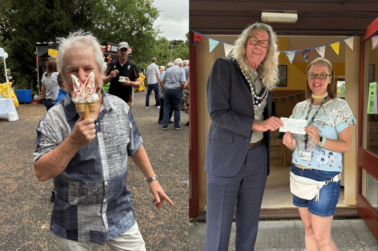 Left is John Curruthers with an ice cream. Right is the cheque presentation with Mayor of Llandrindod Wells Cllr Steve Deeks-D'Silva and fundraiser Emma Coates