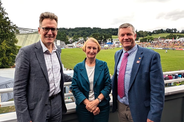 Cllr Jake Berriman, Leader of Powys County Council, Wales Office Minister Dame Nia Griffith, and Cllr Bryan Davies, Leader of Ceredigion County Council, at the Royal Welsh Show