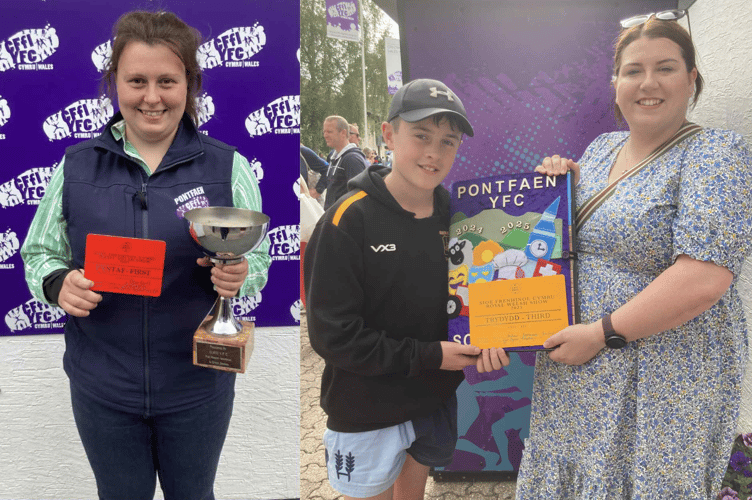 Left: Rhian Lewis achieved a perfect score in the Bluefaced Leicester sheep judging. Right: Henry Davies and Siân Healey collected 3rd place in the Scrapbook competition