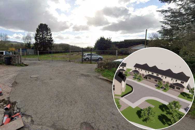 Plans for 16 homes at the site of the former Hay-on-Wye community centre have been lodged with planners. Inset is how the affordable homes could look