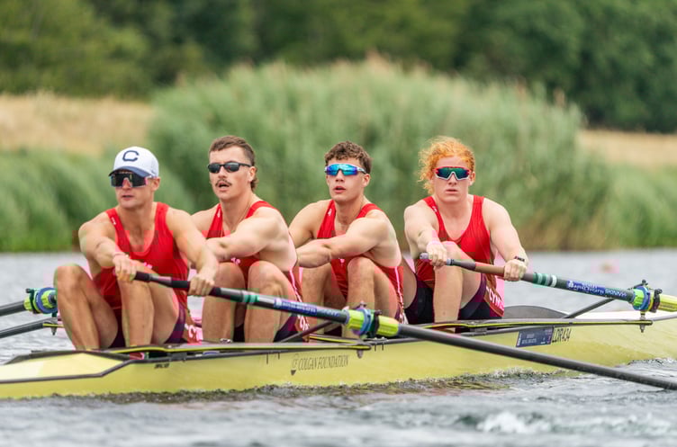 Robbie Prosser, left, stroking the Wales men's four to victory on the London Olympic lake earlier this year. Photos: AllMarkOne