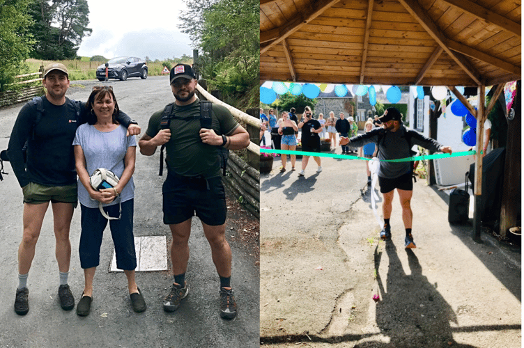 Left is Toby’s walking partner, Jess, and Toby at a designated stop. Right shows the celebrations at the finish line