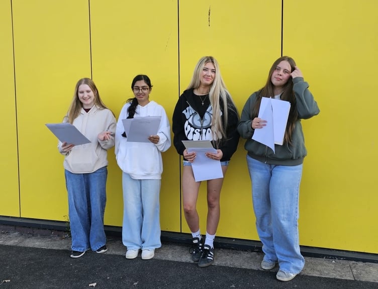Students Alex Robson, Mahnoor Solangi, Tilly Doran and Tailor Pippins at Ysgol Maesydderwen this morning