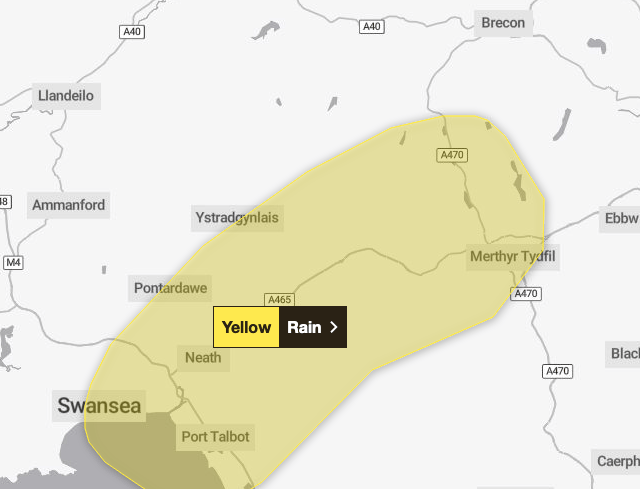 Rain warning for Swansea Valley and southern Bannau Brycheiniog