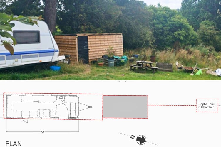 The caravan and "horse blanket washing room" (from the planning officer's report) and plan of the layout