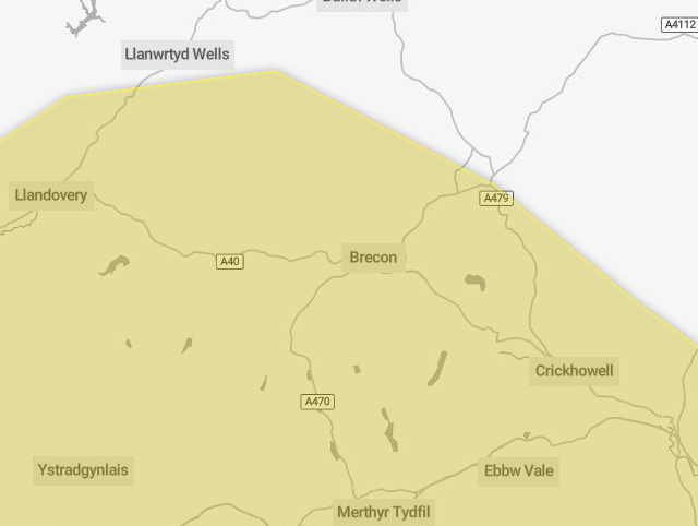 Yellow weather warning issued for Brecon and surrounding areas