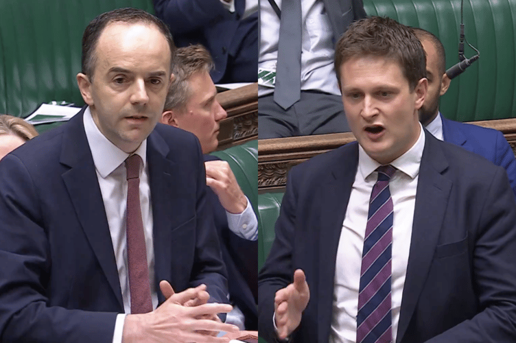 David Chadwick MP (right) in discussion with Treasury Minister James Murray (left) during the Commons exchange on farm tax changes