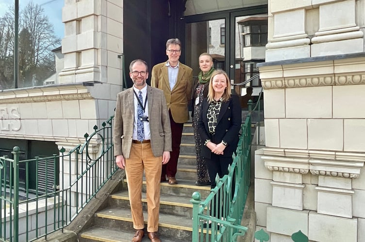 Welsh Government Cabinet Secretary Jayne Bryant visiting the Automobile Palace in Llandrindod Wells earlier this year, which was refurbished with the help of Transforming Towns funding. With her are Cllr James Gibson-Watt (left) and Cllrs Jake Berriman and Josie Ewing