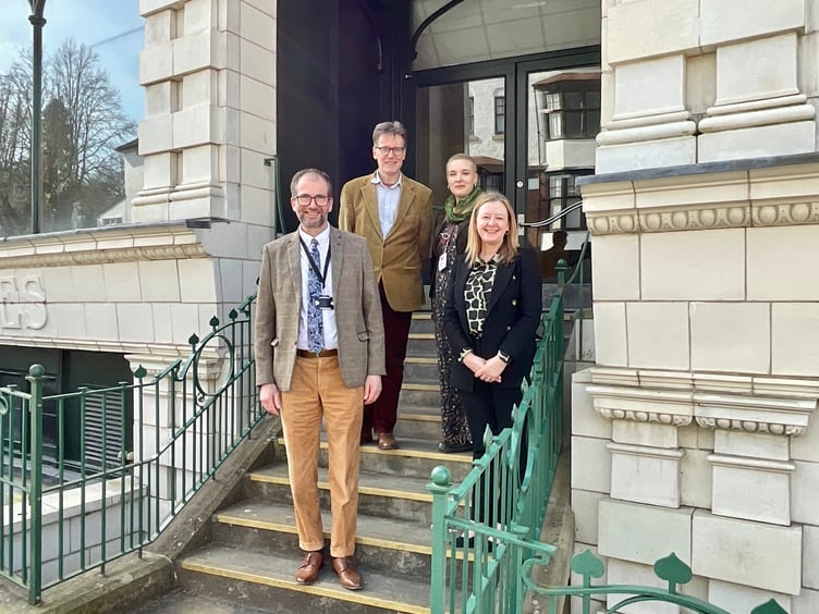 Welsh Government Cabinet Secretary Jayne Bryant visiting the Automobile Palace in Llandrindod Wells earlier this year, which was refurbished with the help of Transforming Towns funding. With her are Cllr James Gibson-Watt (left) and Cllrs Jake Berriman and Josie Ewing