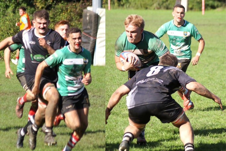 Right is Geraint Workman breaking and kicking ahead. Left is No. 8 Luke Evans driving powerfully into the Cross Keys defence