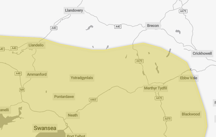 A map of the yellow weather warning for rain in place for 17 hours tomorrow