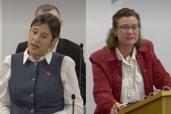 Jane Dodds (left) speaking at the Senedd this week to First Minister, Eluned Morgan