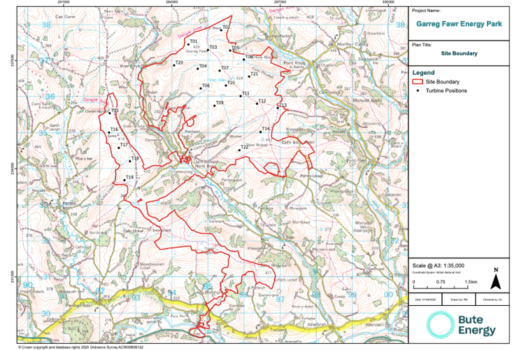 The boundary map for the proposed wind farm. The site boundary is in red and the turbines are the black marks. The village in the centre is Llanfihangel Nant Brân