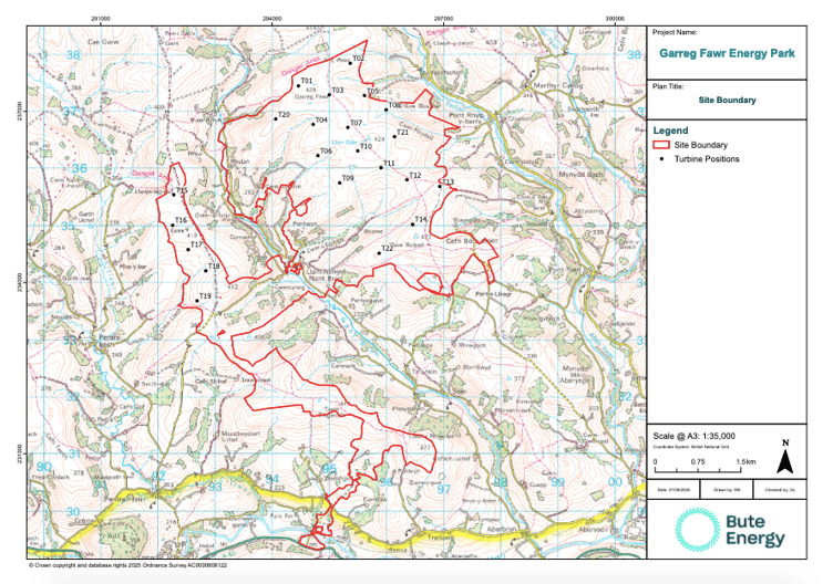 The boundary map for the proposed wind farm. The site boundary is in red and the turbines are the black marks. The village in the centre is Llanfihangel Nant Brân