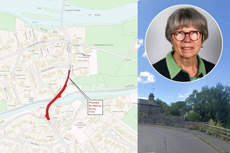 The area shaded in red will have yellow lines in the future. Also pictured is Cllr Jackie Charlton