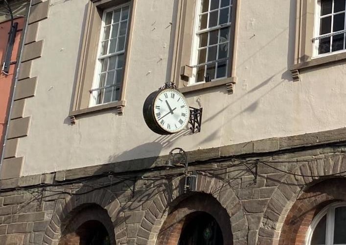 Brecon’s Guildhall clock before it was taken down for repairs earlier this year