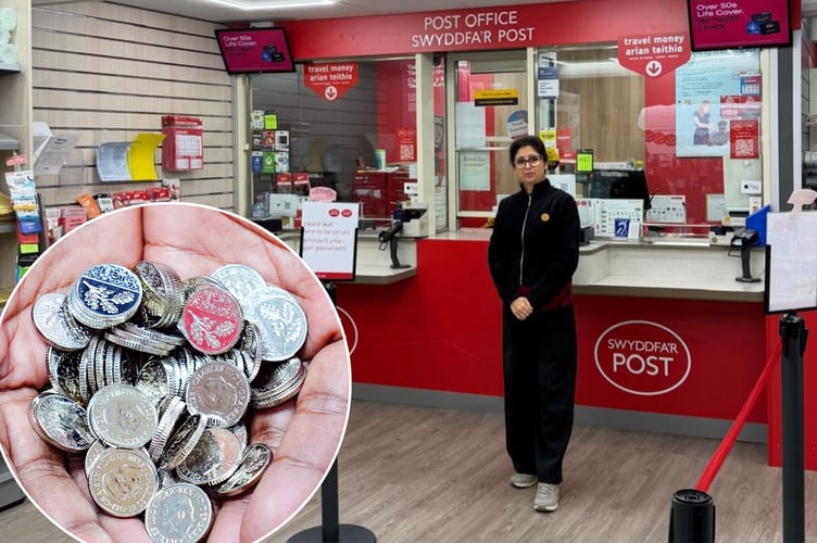 Postmistress Trupti Thakur at Newtown Post Office, one of the few branches in the UK to receive the new 5p coins. Inset: the coins featuring King Charles III and an oak leaf design