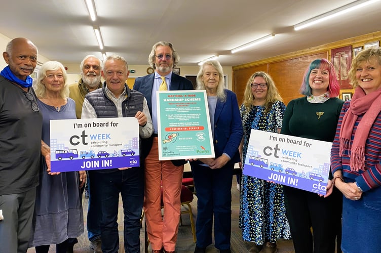 Ed Jonas volunteer, Liz Hughes Trustee, Phil Hughes member, Nick Green Trustee, Gus Powell Vice Chair, Mary Fellowes Chair, Lesley Johnston Chief Executive, Gemma Lelliott, Director of the Community Transport Association Wales, Helen Rinaldi Trustee.