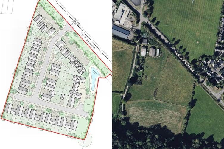 Left is a graphic showing the outline of the 35-house development in Presteigne, right is the site from above