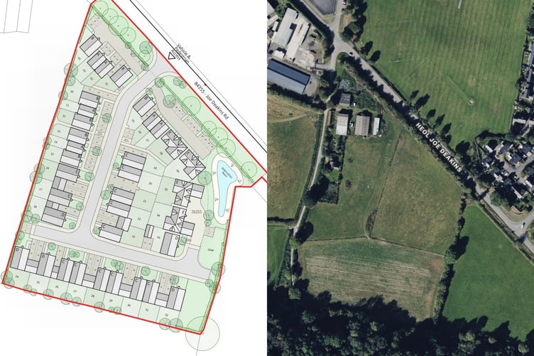 Left is a graphic showing the outline of the 35-house development in Presteigne, right is the site from above