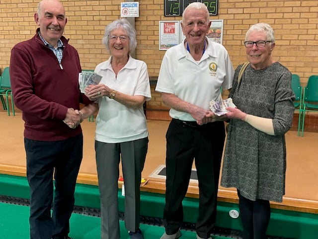 Reg Cawthorne of The Bracken Trust, Ann Edwards, captain of Llandrindod Wells Bowling Club, tour organiser Ken Price, and Cath Carroll of Hope House Children’s Hospice