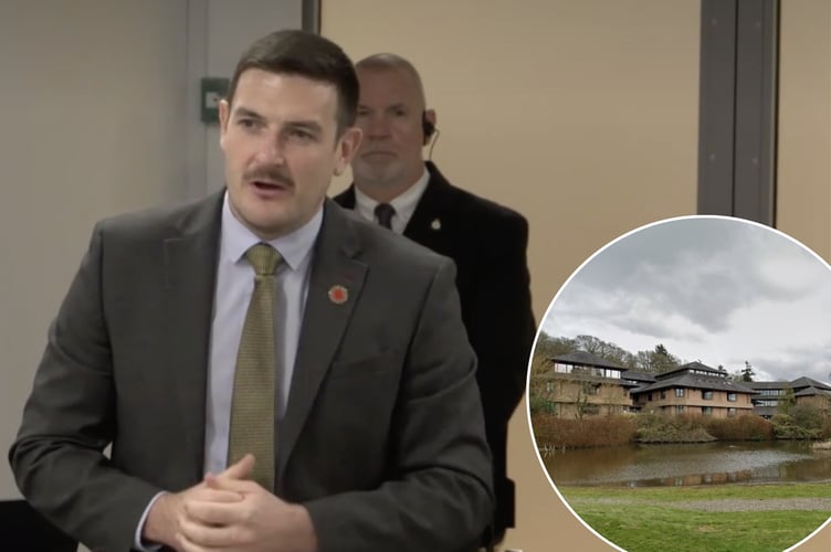 James Evans speaking in the Senedd. Inset is county hall, the headquarters of Powys County Council