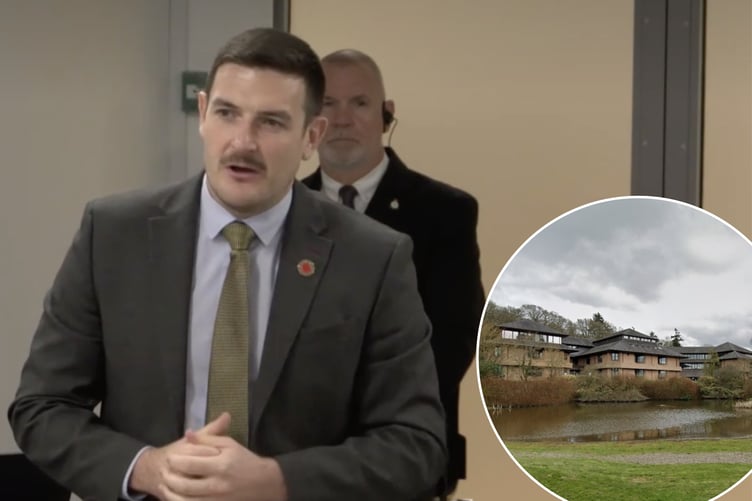 James Evans speaking in the Senedd. Inset is county hall, the headquarters of Powys County Council