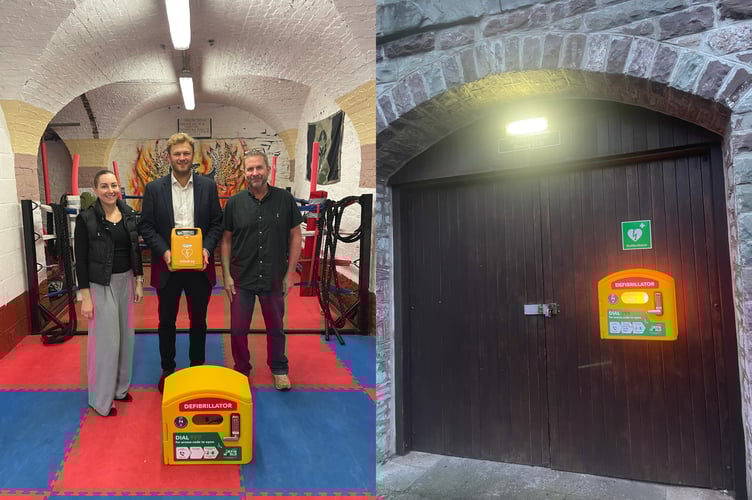 Zoë Horne, James Mitchell and David Gilbert with the new defibrillator