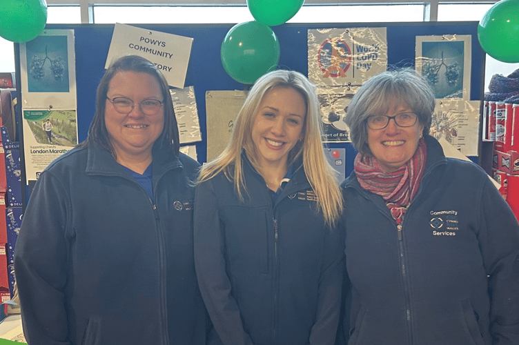 Left to right: Kerry Flaherty, Cheryl Samuel, and Sian Hayward at Brecon Morrisons raising awareness of COPD and fundraising for Powys Health Charity