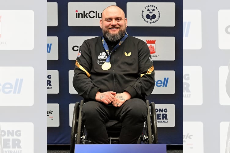 Rob Davies celebrates after winning his fifth European para table tennis title in Helsingborg, Sweden