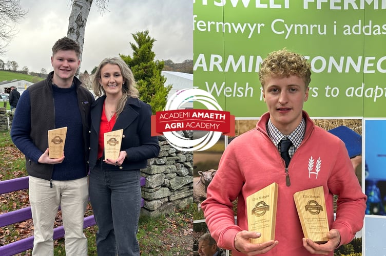 Sophie Hughes; winner of the Agri Academy Challenge 2025, Huw Thomas (left); winner of the Agri Academy Members Choice Award 2025, and Ellis Morgan (right); winner of the Junior Academy Challenge 2025 and Junior Academy Members Choice Award 2025.
