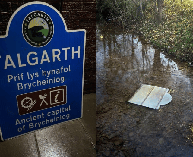 Talgarth welcome sign believed to have been thrown into river