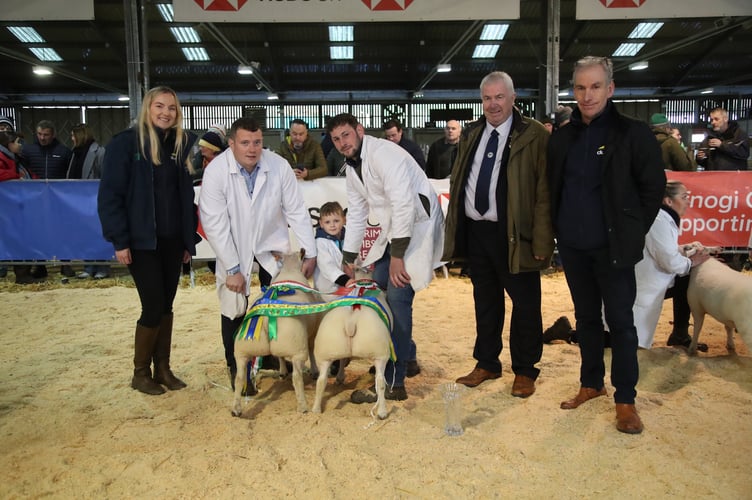 The Sheep Supreme Champions - a pair of Dutch Texel lambs bred and exhibited by Tirion Griffiths of Corwen - pictured with RWAS President John Owen. The pair sold for £1,500 each to the White Hart, Llandeilo
