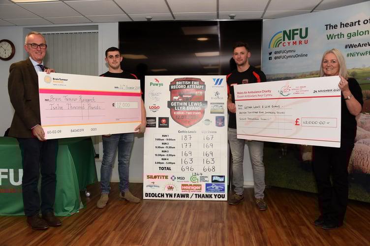 Llyr Evans is pictured with a representative from the Brain Tumour Research charity (left) and Gethin Lewis is picture with Kate Thomas (right) from the Wales Air Ambulance