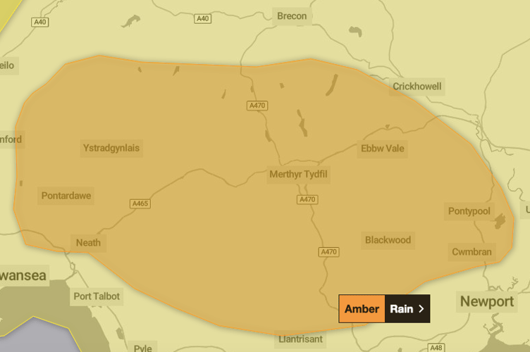 Map showing the areas covered by the amber rain warning - a wider yellow warning is also in place